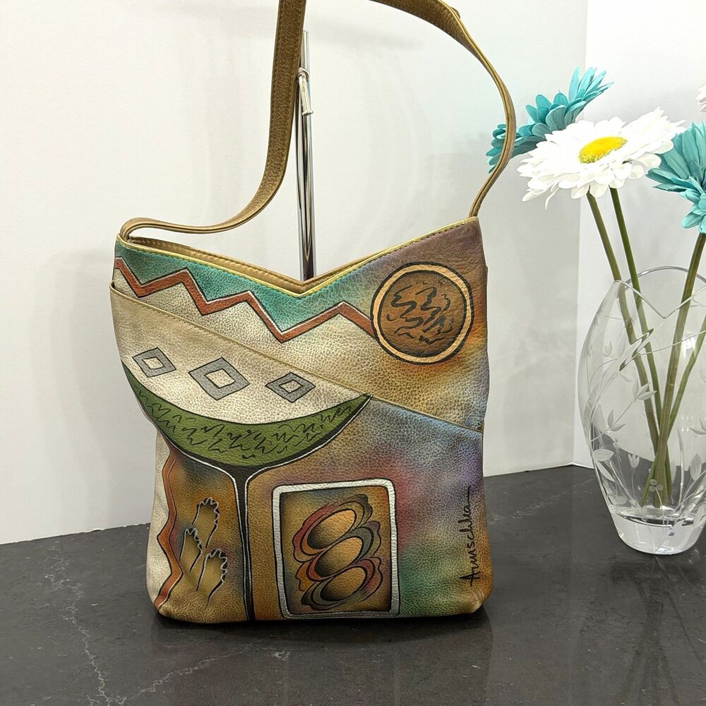 Anuschka Multicolor Abstract Art Shoulder Bag Zip Top Medium Inner Pockets
